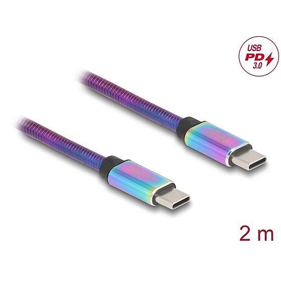 Delock USB 2.0 kábel USB Type-C apa apa váltakozó színű fém borítással PD 3.0 60 W 2 m