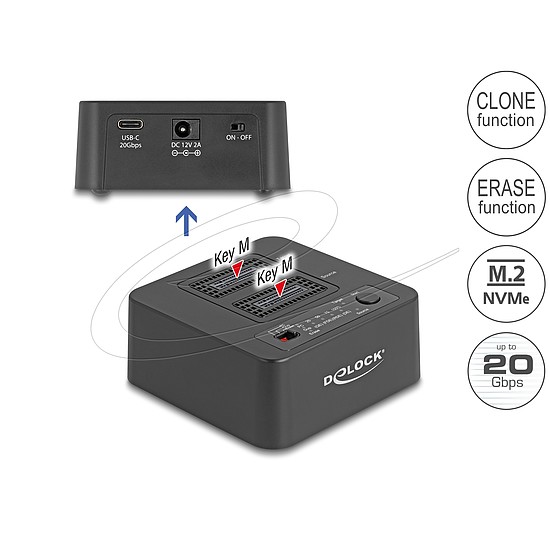 Delock USB 20 Gbps M.2 dokkoló állomás 2 db. M.2 NVMe PCIe SSD-hez klónozó és törlő funkcióval