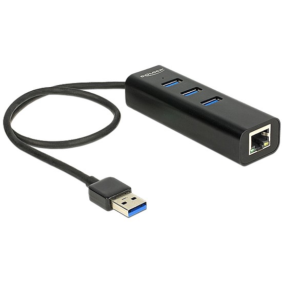 Delock USB 3.0-s elosztó 3 porttal + 1 Gigabit LAN-port 10/100/1000 Mb/s (62653)