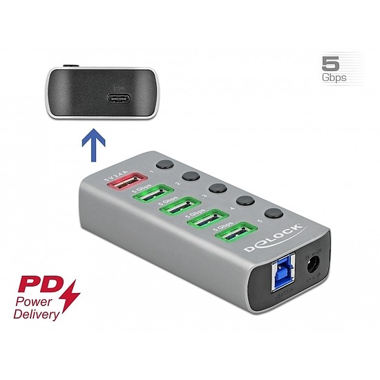 Delock USB 3.2 Gen 1 hub 4 porttal valamint 1 gyorstöltő porttal és 1 USB-C PD 3.0 porttal kapcsoló (63263)
