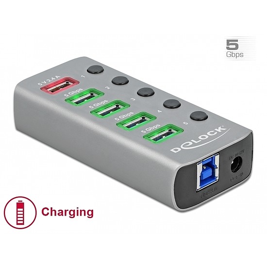 Delock USB 3.2 Gen 1 hub 4 porttal valamint 1 gyorstöltő porttal kapcsolóval és megvilágítással (63262)