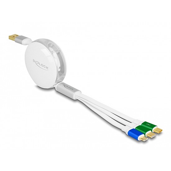 Delock USB 3 az 1-ben visszahúzható töltőkábel A-típusú USB - Micro USB / 2 x USB Type-C gyorstöltővel, fehér
