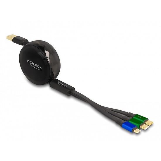Delock USB 3 az 1-ben visszahúzható töltőkábel Micro USB-hez / 2 x USB Type-C gyorstöltéssel, fekete