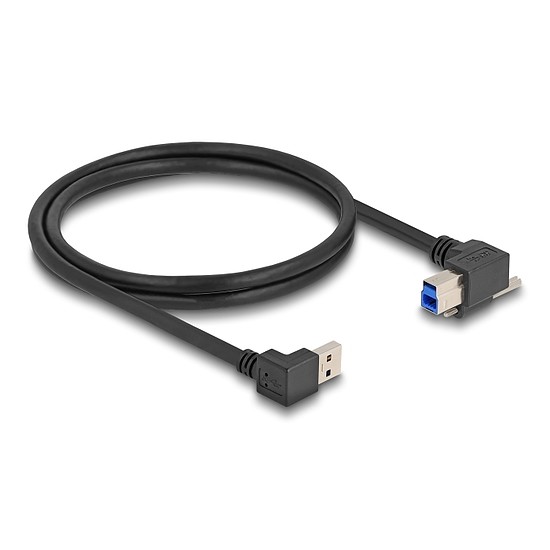 Delock USB 5 Gbps kábel A-típusú USB apa 90 -ban lefelé hajlított B-típusú USB apa csavarral 90 -ban jobbra hajlított 1 m fekete