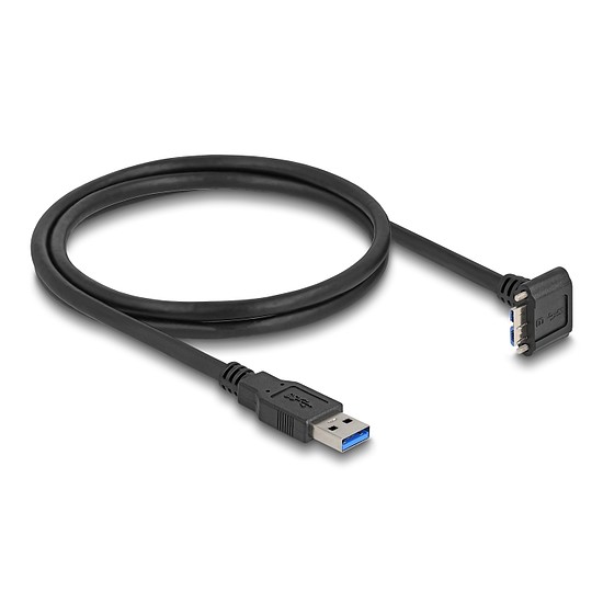 Delock USB 5 Gbps kábel A-típusú USB apa egyenes Mikro-B-típusú USB apa 90 -ban lefelé fordított 18 mm-es csavar távolsággal 1 m, fekete (81030)