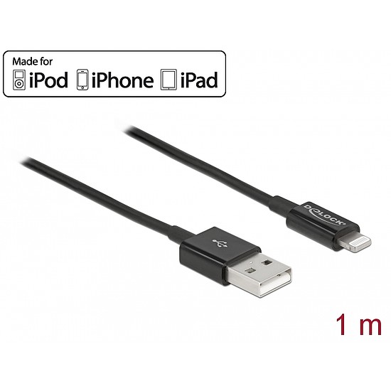 Delock USB adat- és töltőkábel iPhone , iPad és iPod készülékhez fekete 1 m (83002)