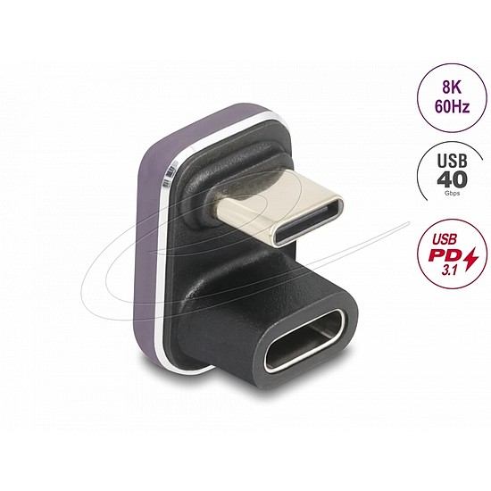 Delock USB-C adapter 180 -os szögben 40 Gb/s PD 3.1 240 W dugasz-alakú U-alakú 8K 60 Hz fém