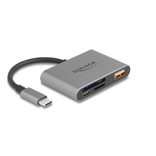 Delock USB-C kártyaolvasó SD és Micro-SD emlékezet kártyák + USB csatlakozó10 Gbps A-típusú port és USB Type-C csatlakozó PD 2.0 85 W