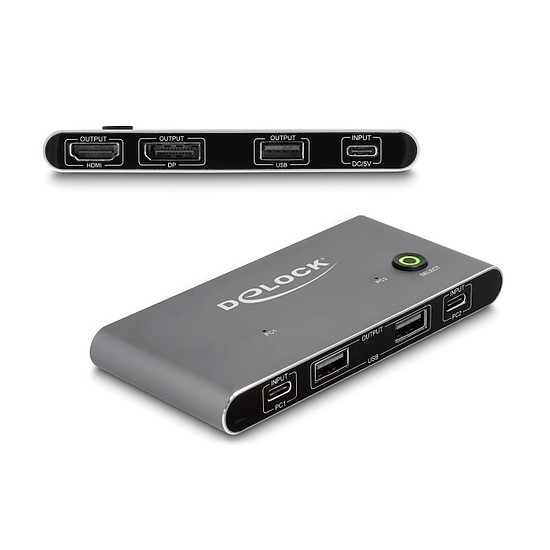Delock USB-C -s KVM kapcsoló HDMI és DisplayPort-hoz 8K MST USB 2.0 csatlakozó felülettel