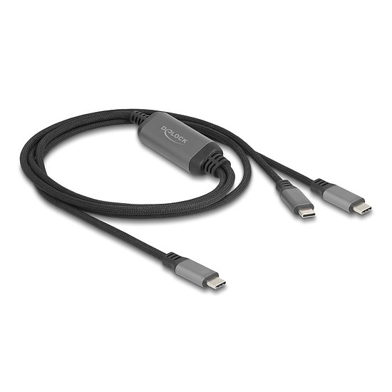 Delock USB-C Y-kábel 1 x apa - 2 x apa PD 3.0 100 W intelligens tápelosztás 1,2 m