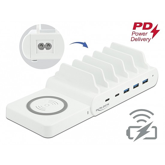 Delock USB és vezeték nélküli töltő 2 db. USB Type-C PD és 3 db. A-típusú USB 110 W-tal (41450)