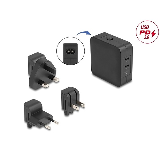 Delock USB GaN töltó 2 x USB Type-C PD 3.0 65 W teljesítménnyel