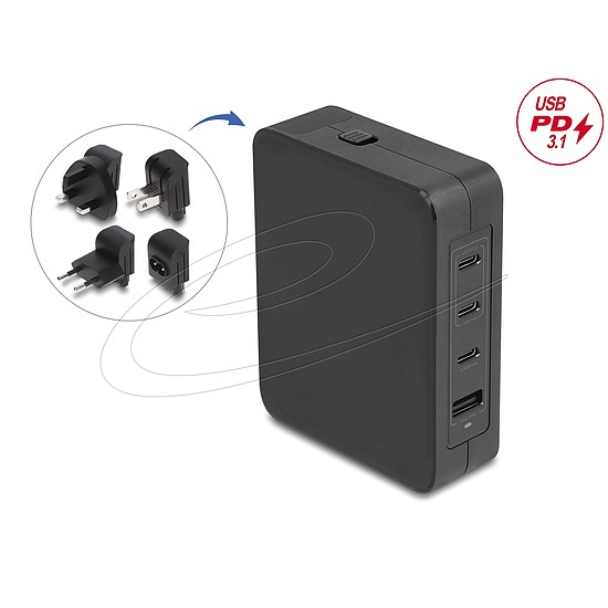 Delock USB GaN töltő 3 x USB Type-C PD 3.1 és 1 x USB Type-A 145 W teljesítménnyel, tápadapterrel az EU/USA/UK számára