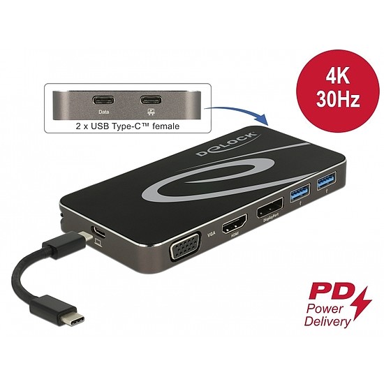Delock USB Type-C 3.2 Dockingstation 4K HDMI DP / 1080p VGA, USB Hub und PD 3.0 (87773)