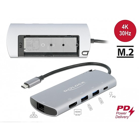 Delock USB Type-C dokkoló állomás M.2 nyílással - 4K HDMI / USB / LAN / PD 3.0 (87767)