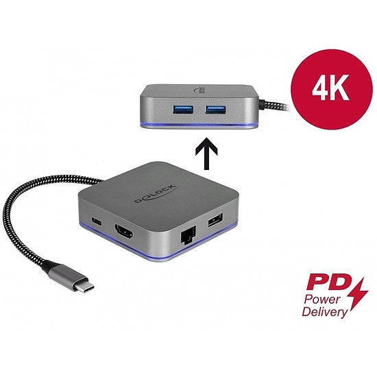 Delock USB Type-C dokkoló állomás mobil eszközökhöz 4K - HDMI / Hub / LAN / PD 3.0 LED kijelzővel (87742)