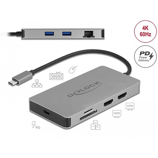 Delock USB Type-C dokkolóállomás 4K - hoz kettős HDMI MST / USB 3.2 / SD / LAN / PD 3.0 (87004)
