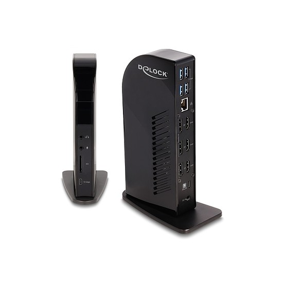 Delock USB Type-C hármas elrendezésű dokkoló állomás DisplayLink 4K / USB Hub / LAN / SD / Audio / PD 96 W szolgáltatásokkal