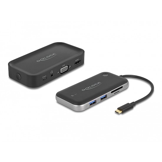 Delock Vezeték nélküli kijelző USB Type-C adapter, Full HD-HDMI+VGA, kártyaolvasóval és elosztóval (87775)