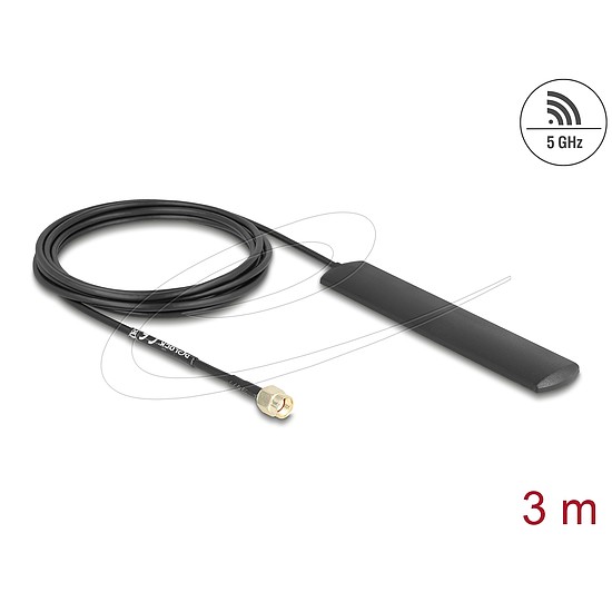 Delock WiFi 5,8 GHz Antenna RP-SMA-dugó 3 dBi mindenirányban, csatlakozó kábellel (RG-174, 3 m), fekete, öntapadós