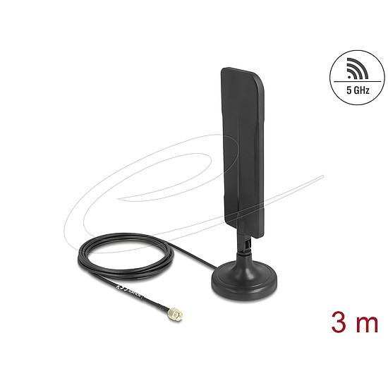 Delock WiFi 5,8 GHz-es antenna RP-SMA-dugó 3 dBi mindenirányú RG-174 csatlakozó kábellel 3 m, billenőcsuklóval és mágneses alappal, fekete színű
