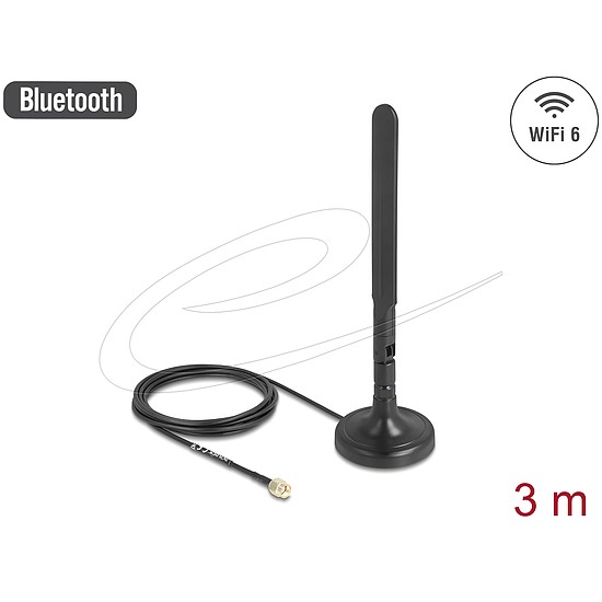 Delock WiFi 6-es antenna RP-SMA-dugó 3 dBi mindenirányú RG-174 csatlakozó kábellel 3 m, billenőcsuklóval és mágneses alappal, fekete színű