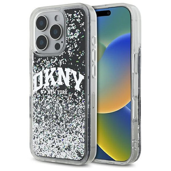 DKNY DKHCP16LLBNAEK iPhone 16 Pro 6.3" fekete/fekete keménytok Liquid Glitter Arch Logo