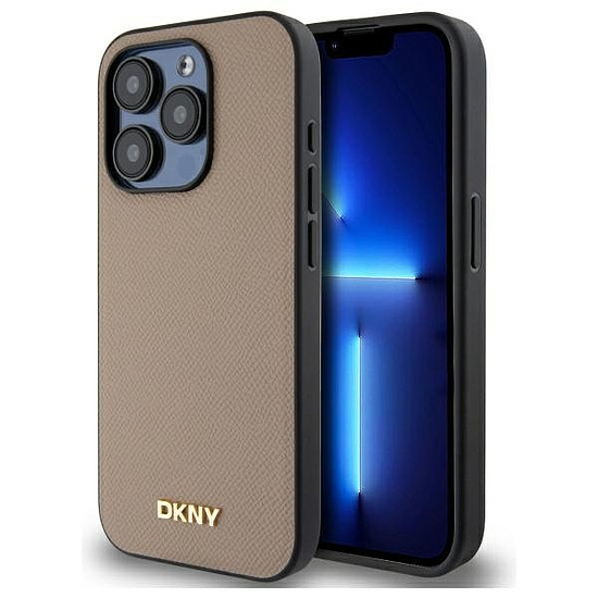 DKNY MagSafe iPhone 15 Pro Max tok, szemcsés fém logóval, bézs