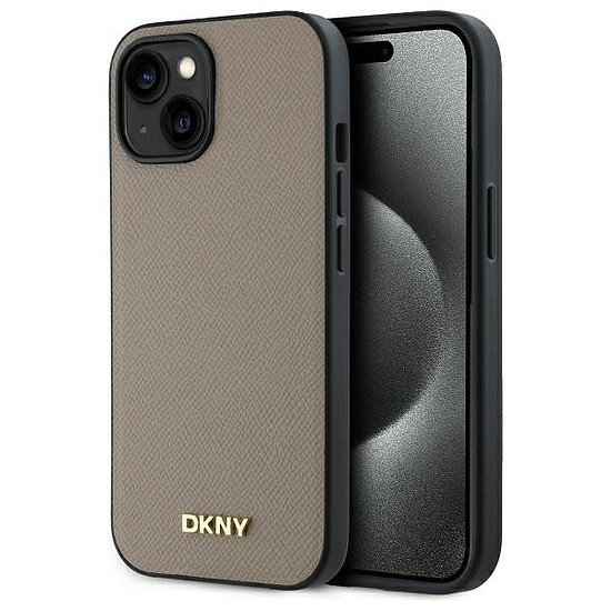 DKNY szemcsézett fém logós MagSafe iPhone 15 tok - bézs