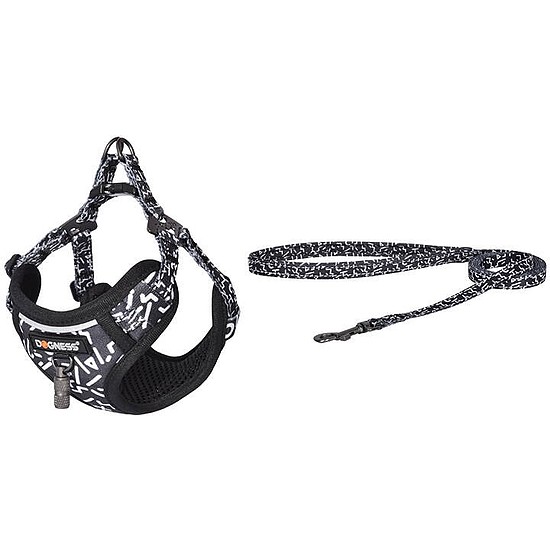 Dogness macska póráz 1,5 m+hám sétakészlet fekete-fehér (CAT SET BLACK)
