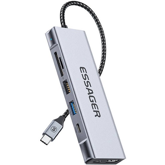 Dokkolóállomás, Essager, EHB08-QK0G-Z, HDMI, 2xUSB-A, SD-kártya, TF-kártya (szürke)