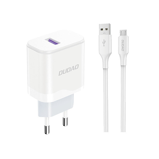 Dudao A20EU USB-A 18W hálózati töltő - fehér + USB-A - micro USB kábel