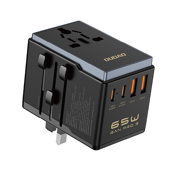 Dudao A65Pro 65W EU / US / JP / AUS / UK utazó adapter 2x USB-C 2x USB-A - fekete
