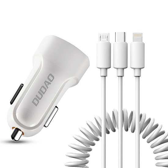 Dudao autóskészlet töltő 2x USB 2.4A + kábel USB 3in1 Lightning / Type C / micro USB kábel fehér (R7 fehér)