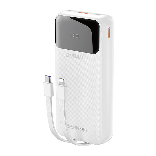 Dudao K15Pro Power Bank 20000mAh 22.5W PD USB-C / USB-A / Beépített Lightning és USB-C kábelek - Fehér