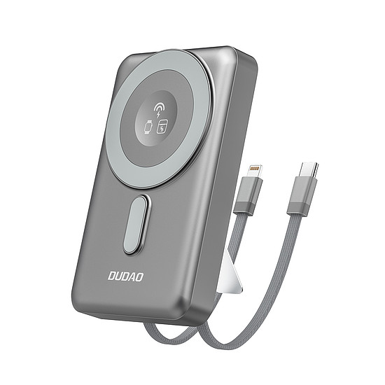 Dudao K29 10000mAh PD 20W MagSafe Power Bank fém tokkal, állvánnyal és beépített USB-C/Lightning kábelekkel - szürke