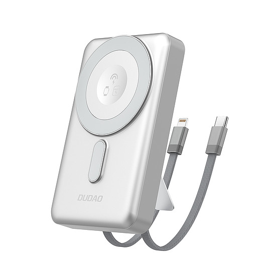 Dudao K29 10000mAh PD 20W MagSafe Powerbank fém tokkal, állvánnyal és beépített USB-C/Lightning kábelekkel - ezüst