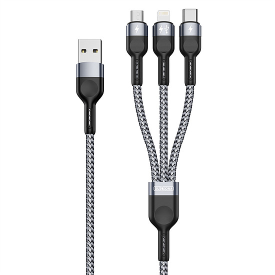 Duzzona - Adatkábel 3 az 1-ben (A3) - USB-C típusú, Lightning, Micro-USB, 480 Mbps, 1,3 m - Szürke (KF2312620)