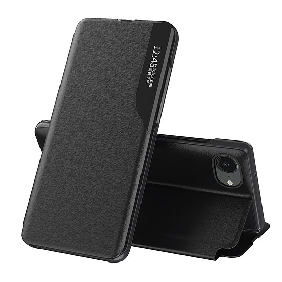 Eco Leather View Case elegáns tok fedéllel és állvánnyal iPhone 16e-hez - fekete