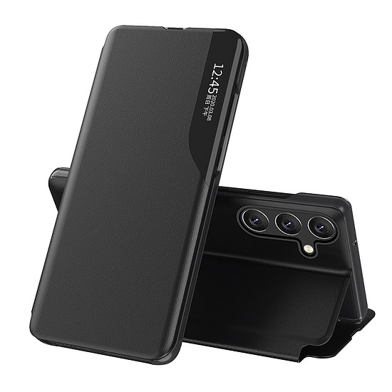 Elegáns Eco Leather View Case tok, fedéllel és állvány funkcióval, Samsung Galaxy A56 készülékhez - fekete