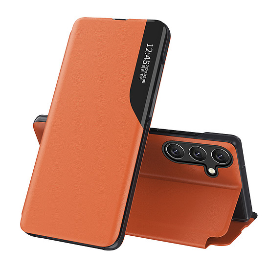 Elegáns Eco Leather View Case tok, fedéllel és állvány funkcióval, Samsung Galaxy A56 készülékhez - narancssárga