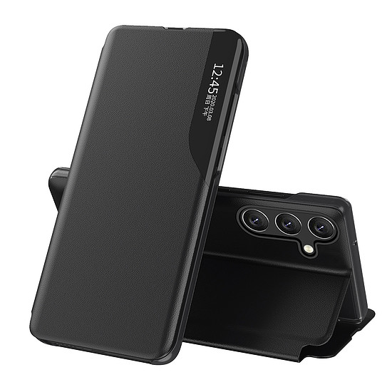 Elegáns Eco Leather View Case tok, fedéllel és állvány funkcióval, Samsung Galaxy A36 készülékhez - fekete
