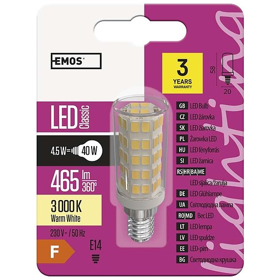 EMOS Classic LED izzó JC A++ 4.5W E14 465lm meleg fehér (ZQ9140)