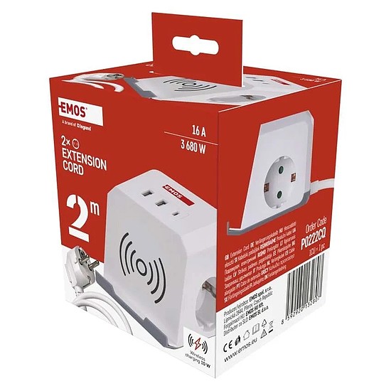 EMOS Hosszabbító/elosztó (kocka) 2 m / 2 aljzat / fehér / 2×USB-A+1×USB-C+Qi / 1,5 mm2 (P0222CQ)