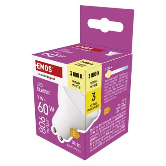 EMOS LED izzó Classic MR16 / GU10 / 7 W (60 W) / 806 lm / meleg fehér