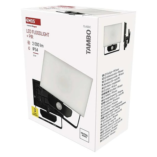 Emos LED reflektor TAMBO PIR, 20 W, 2000 lm, természetes fehér, fekete (ZS2922)