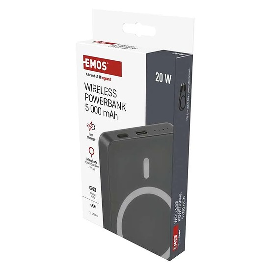 EMOS Powerbank WI 522, 5 000 mAh, 20 W+Wireless, szürke (B0555GY)