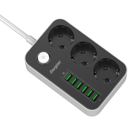 Energizer EPB2500W01EU hálózati elosztó 3db hálózati és 6db USB csatlakozó aljzattal, túlfeszültség védelemmel, 2m