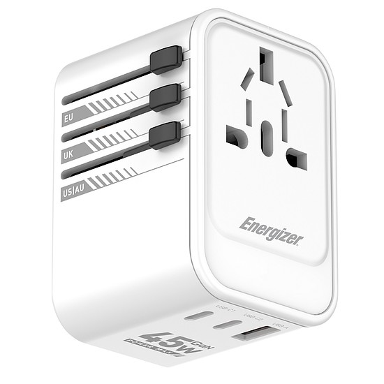 Energizer ETC450 univerzális csatlakozású (EU, UK, US, AU) utazó adapter és PD gyorstöltő max. 45W töltési teljesítménnyel