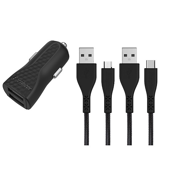 Energizer HardCase - Autós töltő 2x USB-A 2.4A + USB-C & Micro USB kábel fekete (DC2BLCMM)